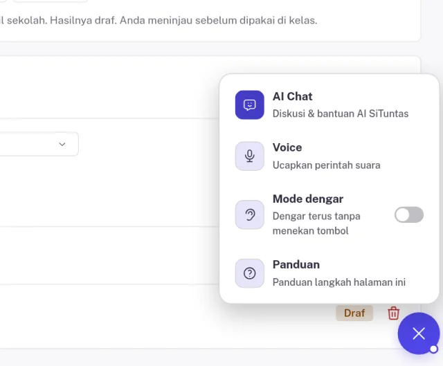 Menu tombol melayang SiTuntas berisi AI Chat, Voice, Mode dengar, dan Panduan