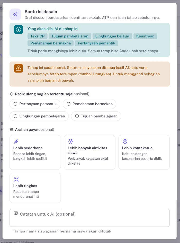 Dialog Bantu isi desain berisi daftar bagian yang diisi AI, pilihan racik ulang, arahan gaya, dan catatan untuk AI