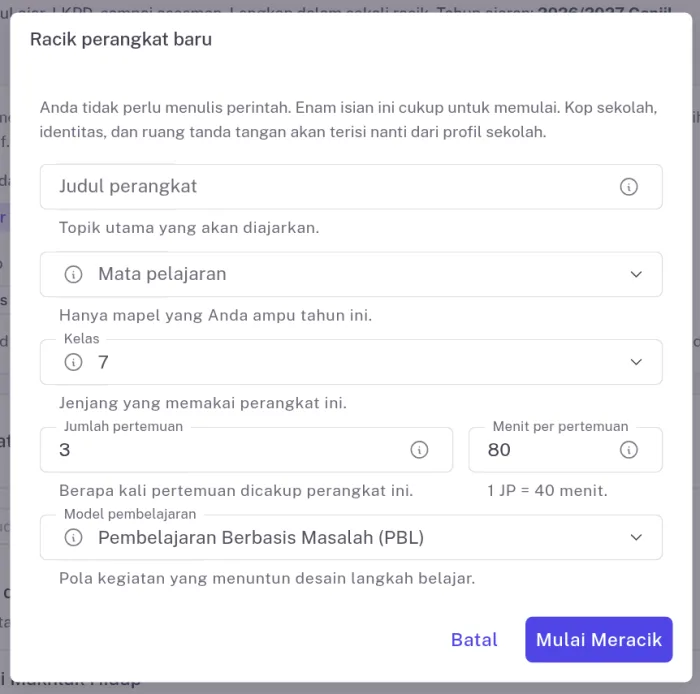 Dialog Racik perangkat baru berisi judul, mata pelajaran, kelas, jumlah pertemuan, menit, dan model pembelajaran
