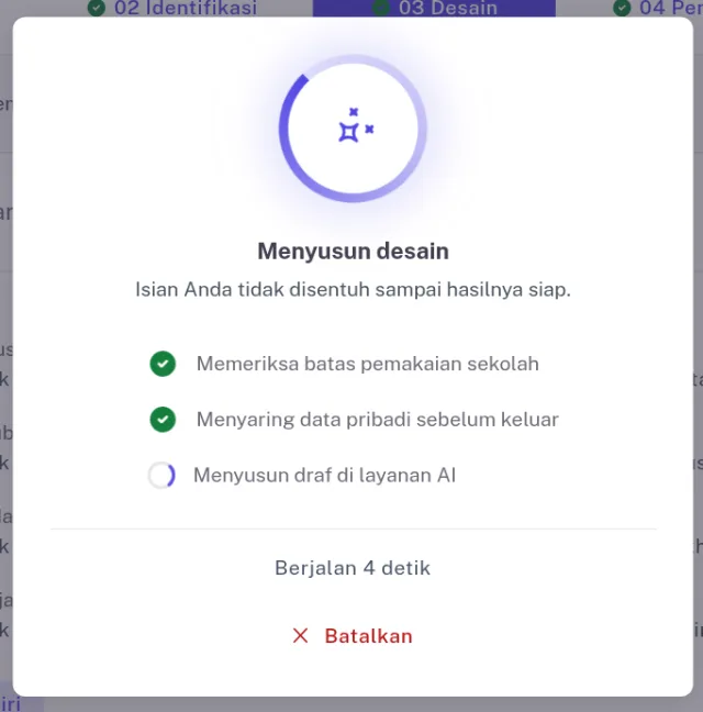 Panel progres Menyusun desain dengan tiga langkah dan tombol Batalkan