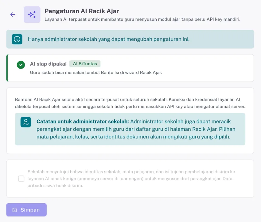Halaman Pengaturan AI Racik Ajar yang menyatakan AI siap dipakai dan tidak meminta API key