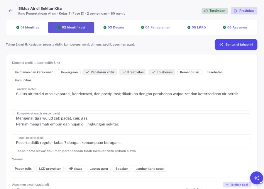 Wizard Racik Ajar tahap 02 Identifikasi dengan enam tab dan tombol Bantu isi tahap ini