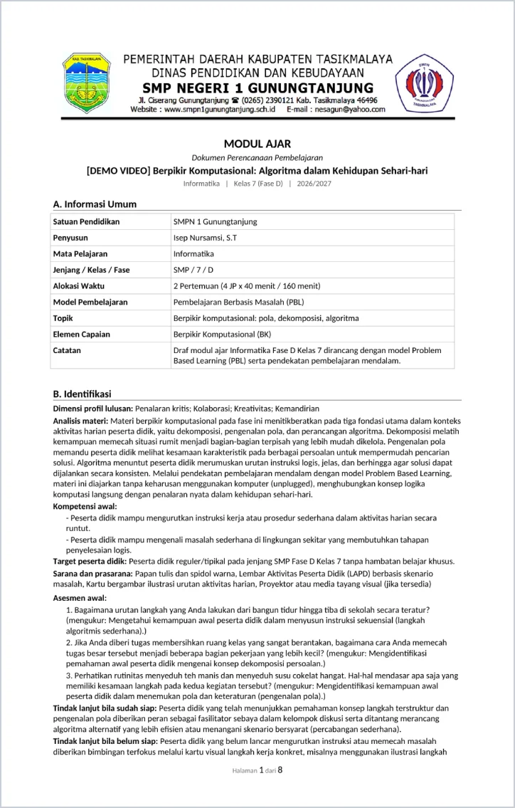 Halaman pertama modul ajar hasil unduhan Word dengan kop SMPN 1 Gunungtanjung dan logo sekolah