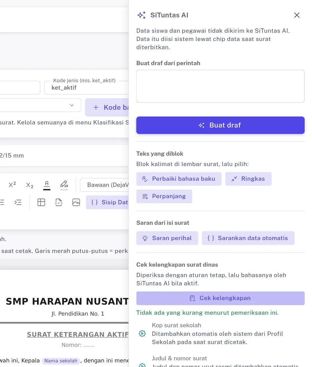 Panel SiTuntas AI dengan tombol Buat draf, Perbaiki bahasa baku, dan hasil Cek kelengkapan