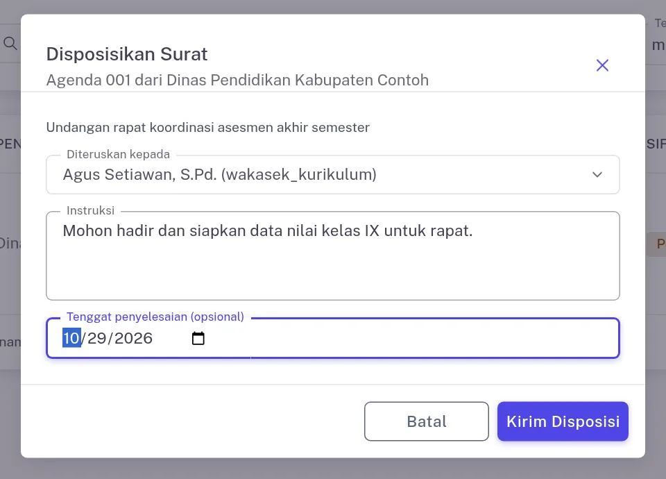 Dialog Disposisikan Surat dengan penerima wakasek, instruksi, dan tenggat