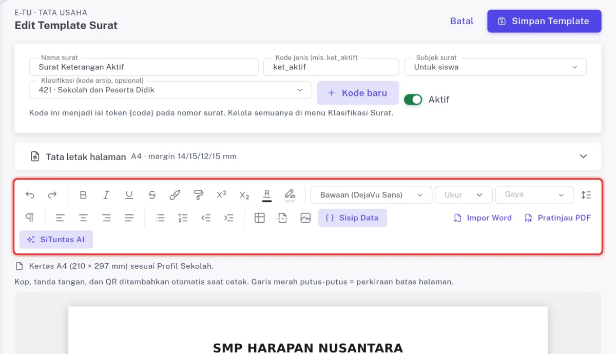 Editor template surat e-TU dengan bilah alat format disorot