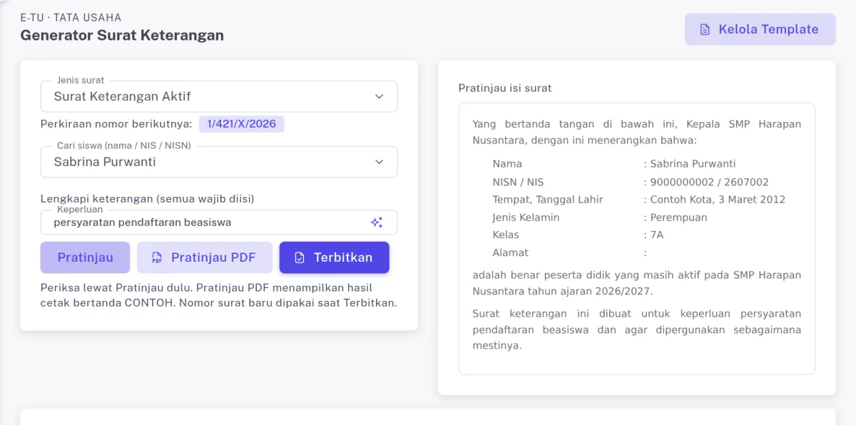 Generator Surat dengan jenis surat, siswa, isian keperluan, dan pratinjau isi