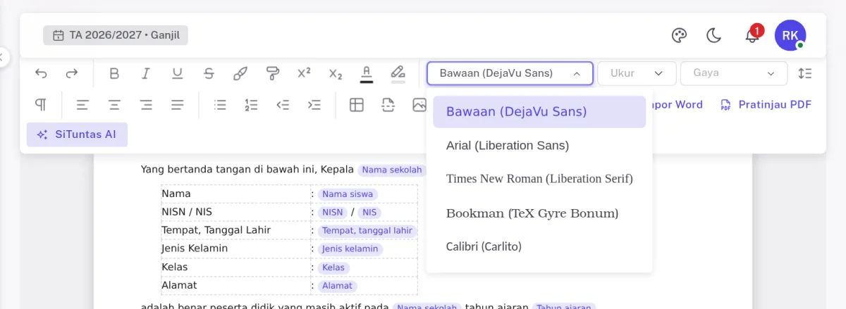 Pilihan jenis huruf Arial, Times New Roman, Bookman, dan Calibri di editor surat