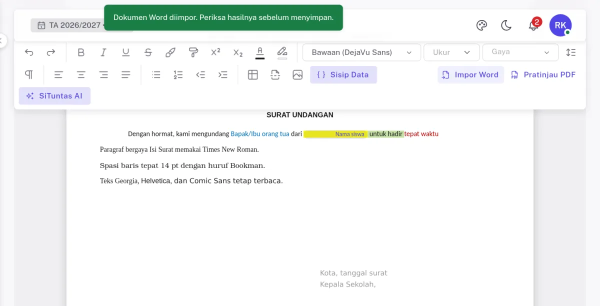 Hasil impor dokumen Word dengan warna teks, stabilo, dan jenis huruf terbawa