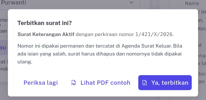 Dialog konfirmasi Terbitkan surat ini dengan perkiraan nomor surat