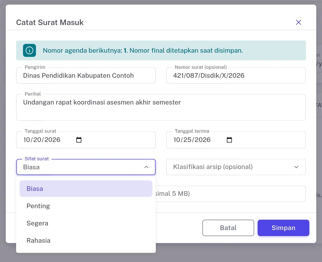 Form Catat Surat Masuk dengan pilihan sifat surat Biasa, Penting, Segera, dan Rahasia