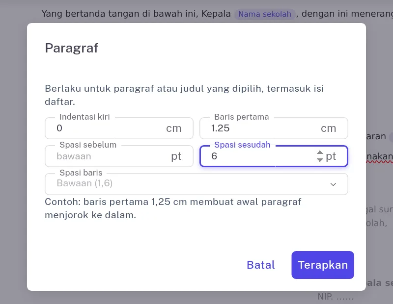 Dialog Paragraf untuk indentasi baris pertama dan spasi sesudah paragraf