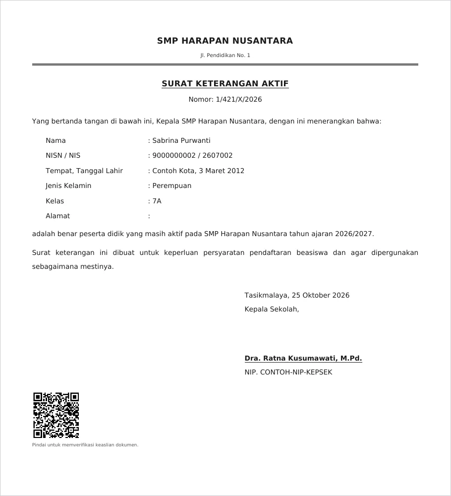 PDF surat keterangan aktif yang sudah terbit dengan nomor resmi dan QR verifikasi
