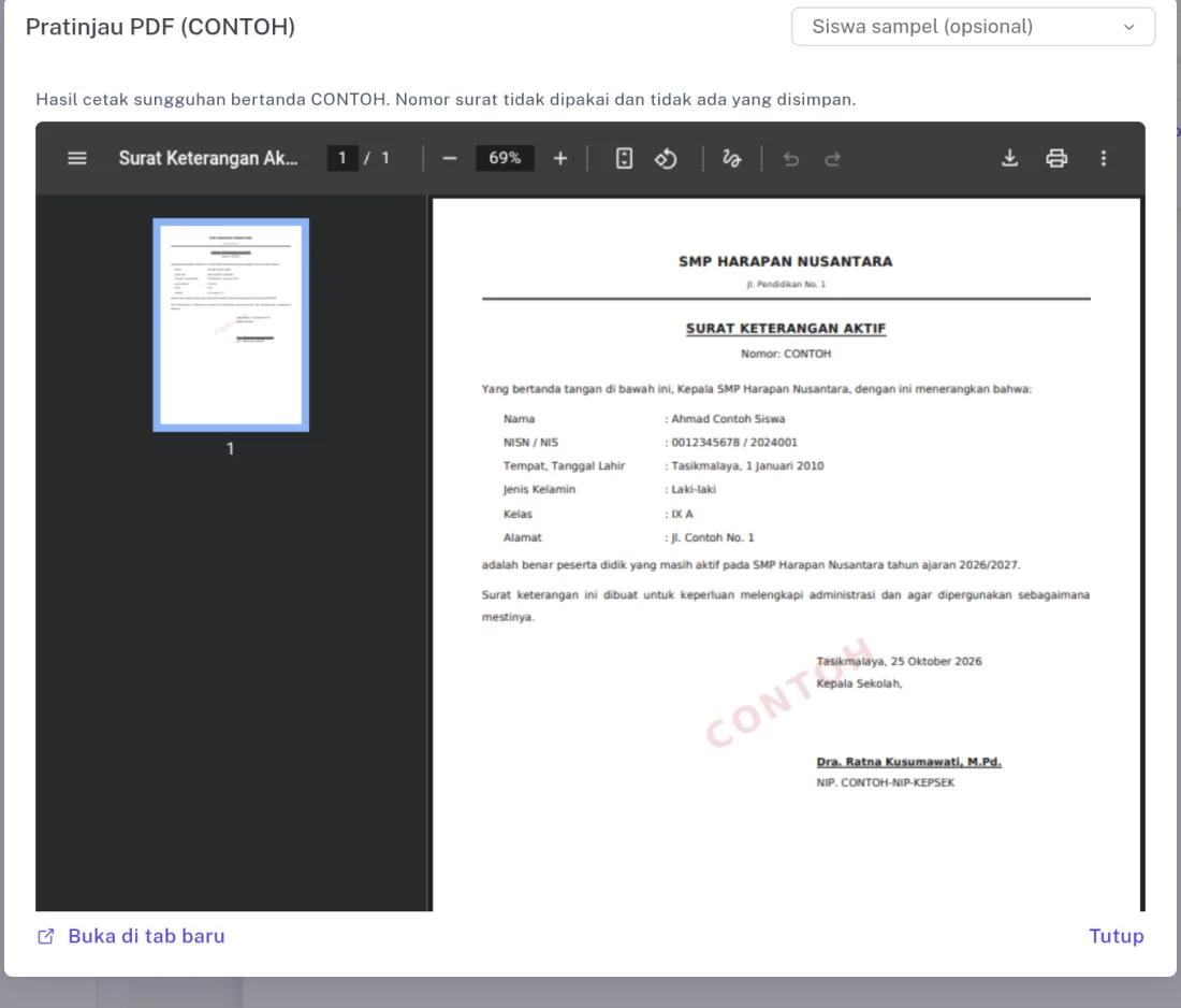 Pratinjau PDF surat keterangan aktif bertanda CONTOH dengan data contoh