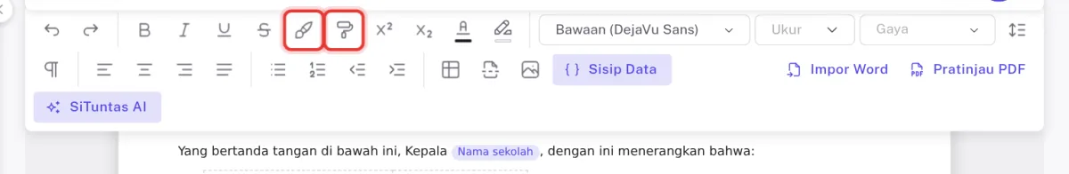 Tombol Salin format dan Tempel format di bilah alat editor surat