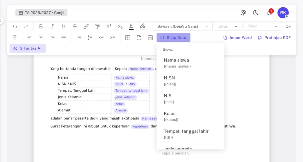 Menu Sisip Data berisi isian otomatis nama siswa, NISN, NIS, dan kelas