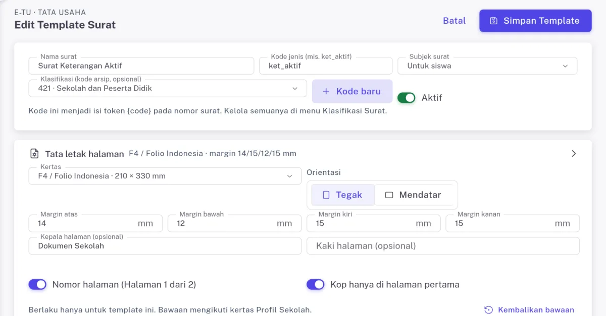 Panel Tata letak halaman dengan kertas F4, margin, dan kepala halaman