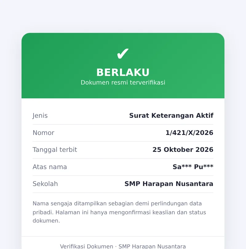 Halaman verifikasi QR surat berstatus Berlaku dengan nama disamarkan