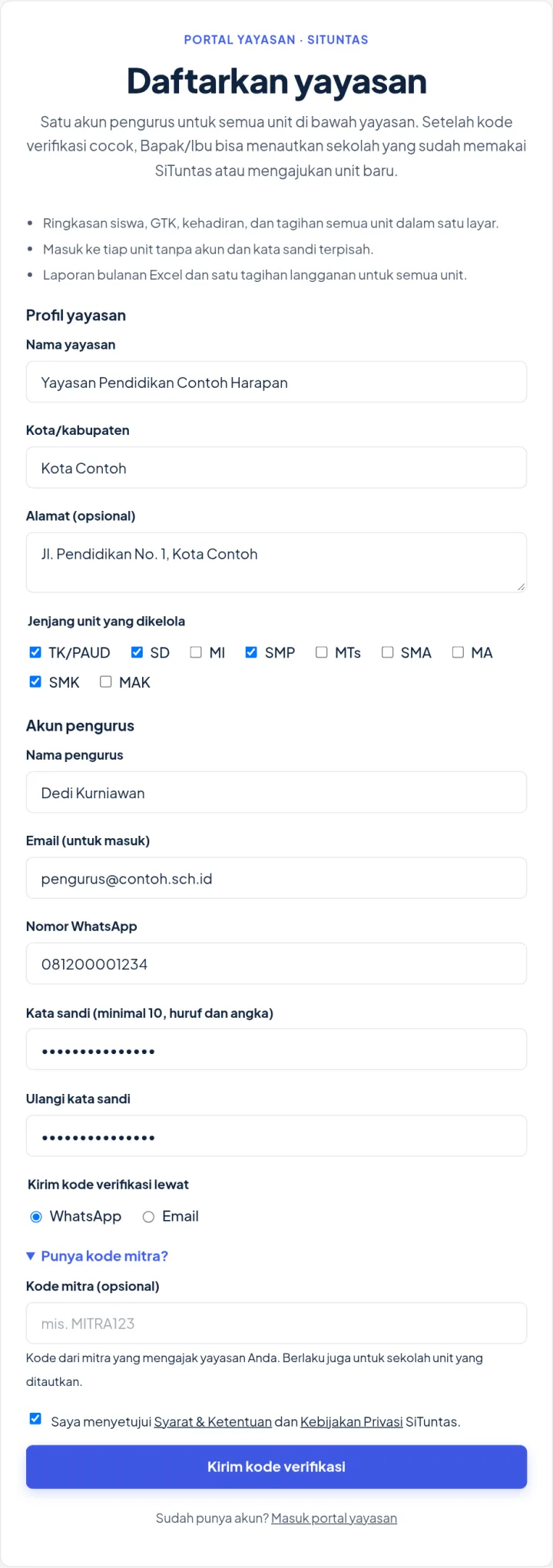 Formulir Daftarkan yayasan berisi profil yayasan, jenjang unit, akun pengurus, dan kode mitra