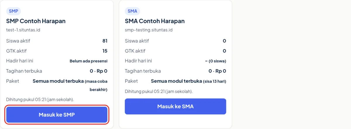 Kartu unit SMP dan SMA dengan tombol Masuk ke SMP yang disorot
