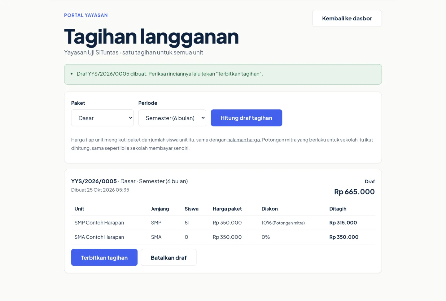 Draf tagihan langganan yayasan dengan rincian harga per unit dan potongan mitra