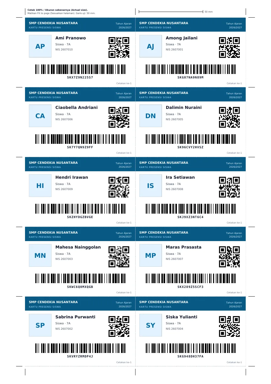 Contoh lembar PDF A4 berisi kartu presensi QR Code dengan tanda potong