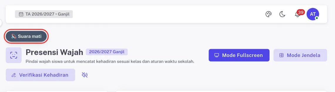 Chip Suara mati dan ikon speaker bergaris coret di halaman Presensi Wajah
