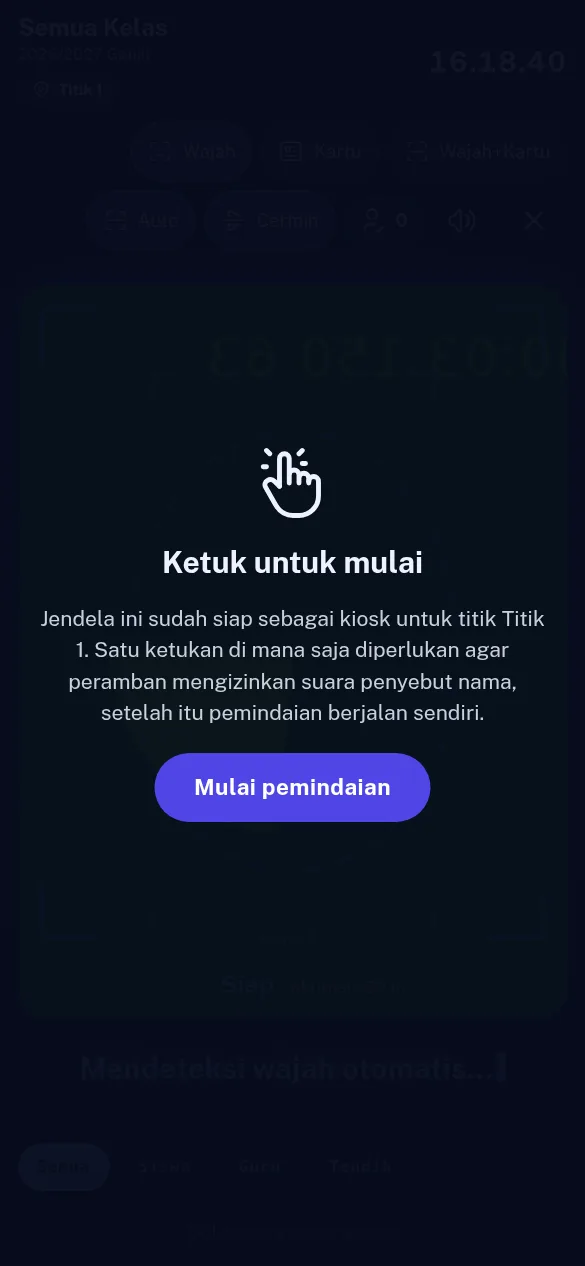 Layar Ketuk untuk mulai di kios presensi wajah SiTuntas pada HP