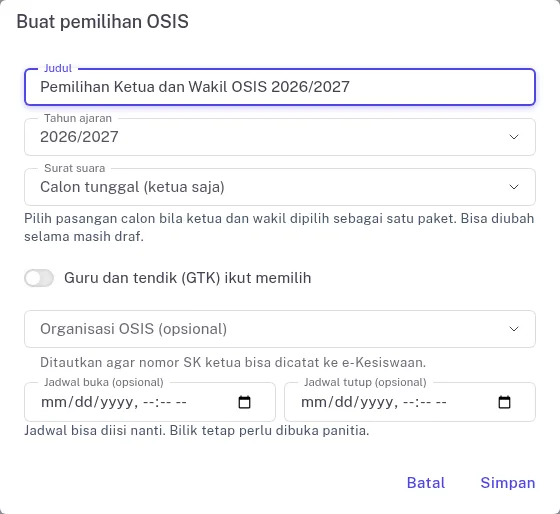 Formulir membuat pemilihan OSIS dengan pilihan tahun ajaran dan bentuk surat suara