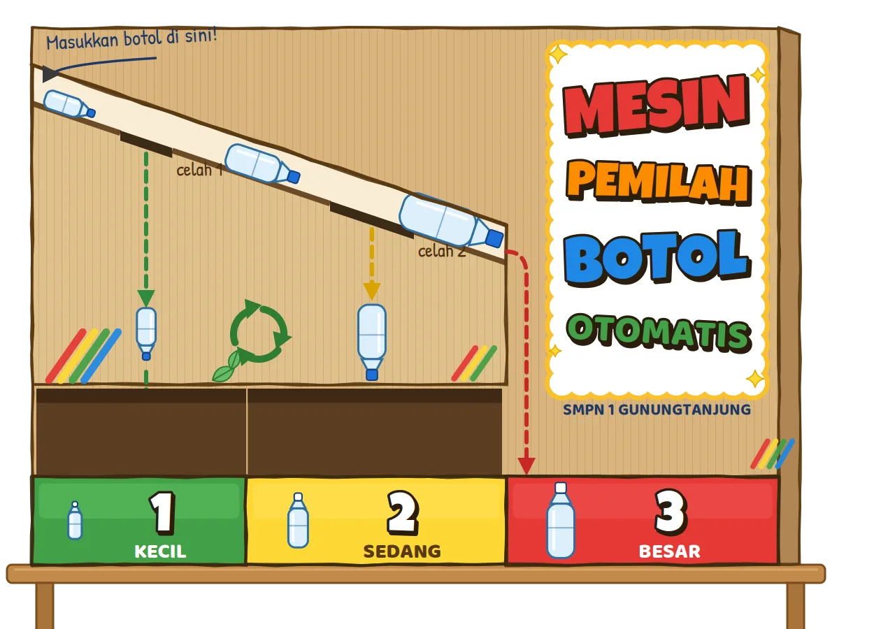 Mesin kardus Si Pilah dengan talang miring, celah 1 dan celah 2, serta laci 1 kecil hijau, laci 2 sedang kuning, dan laci 3 besar merah
